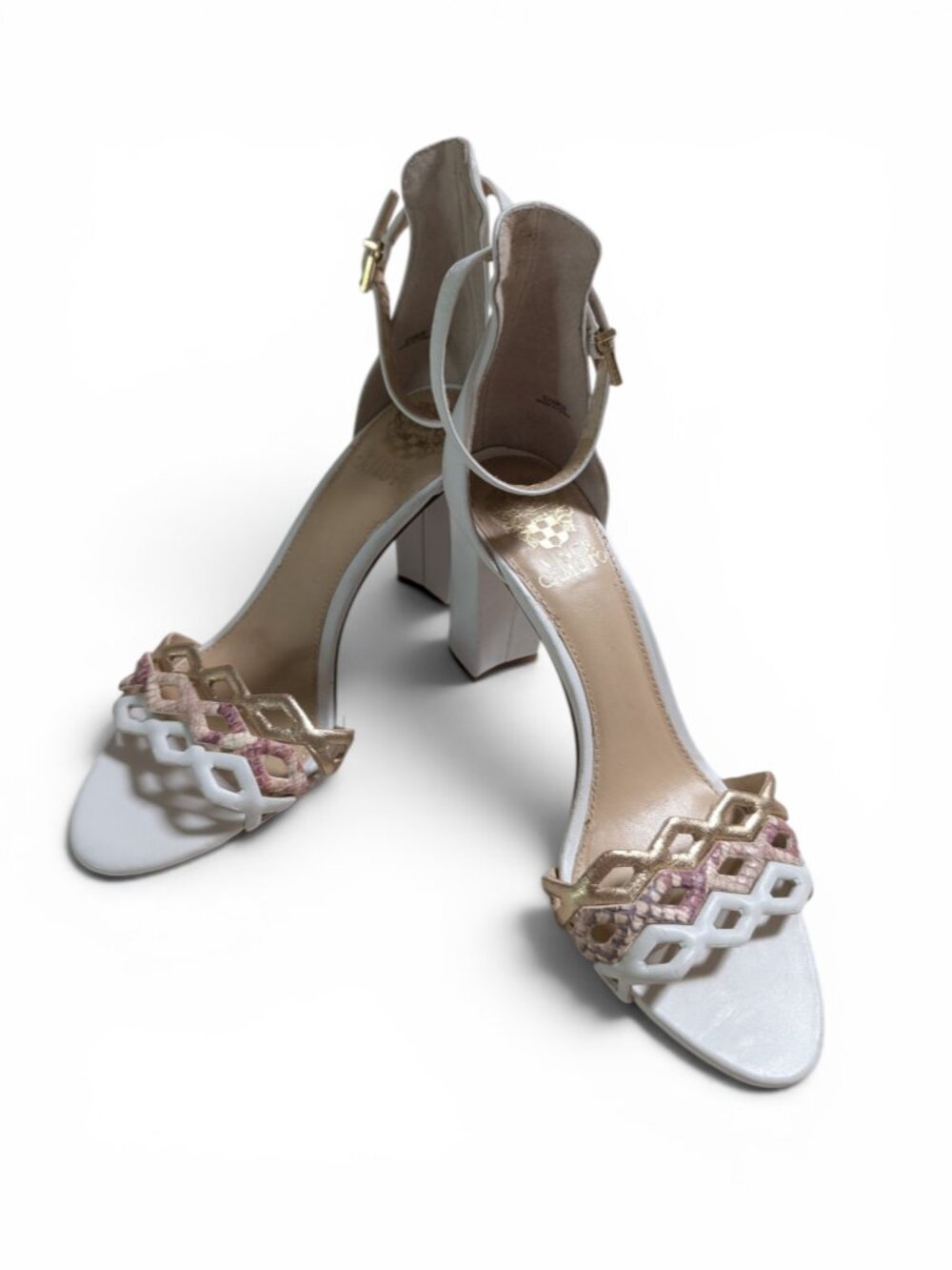 Vince Camuto Block Heel Sandals Size 8.5 White Gold — Ankle Strap GUC